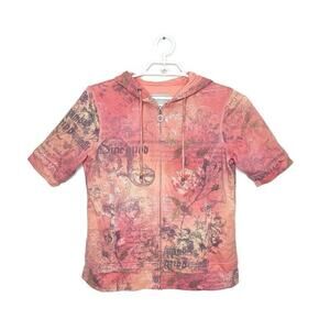 Vtg GREEN TEA Women Coral Rose Print Rhinestone Short Sleeve Hoodie Y2K Fairy‎ L